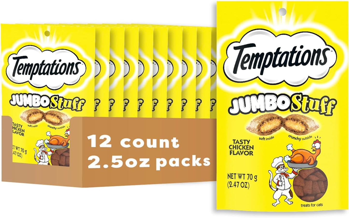 Jumbo Stuff Crunchy and Soft Cat Treats, Tasty Chicken Flavor, 2.5 Oz. Pouch (Pack of 12)
