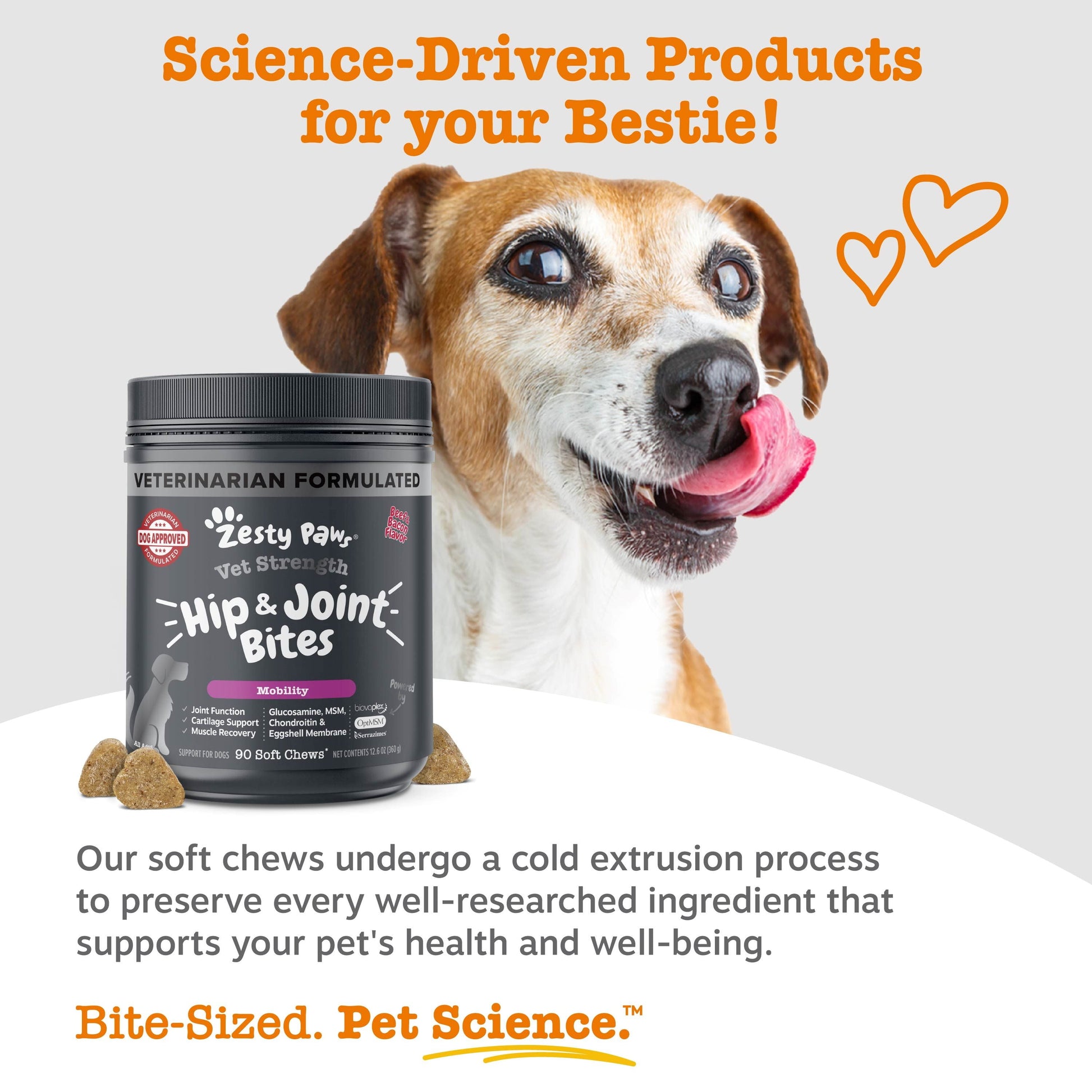 Vet Strength Hip & Joint Mobility Bites for Dogs, Supreme Hip & Joint Support, Beef & Bacon Flavor, 90 Count Soft Chews