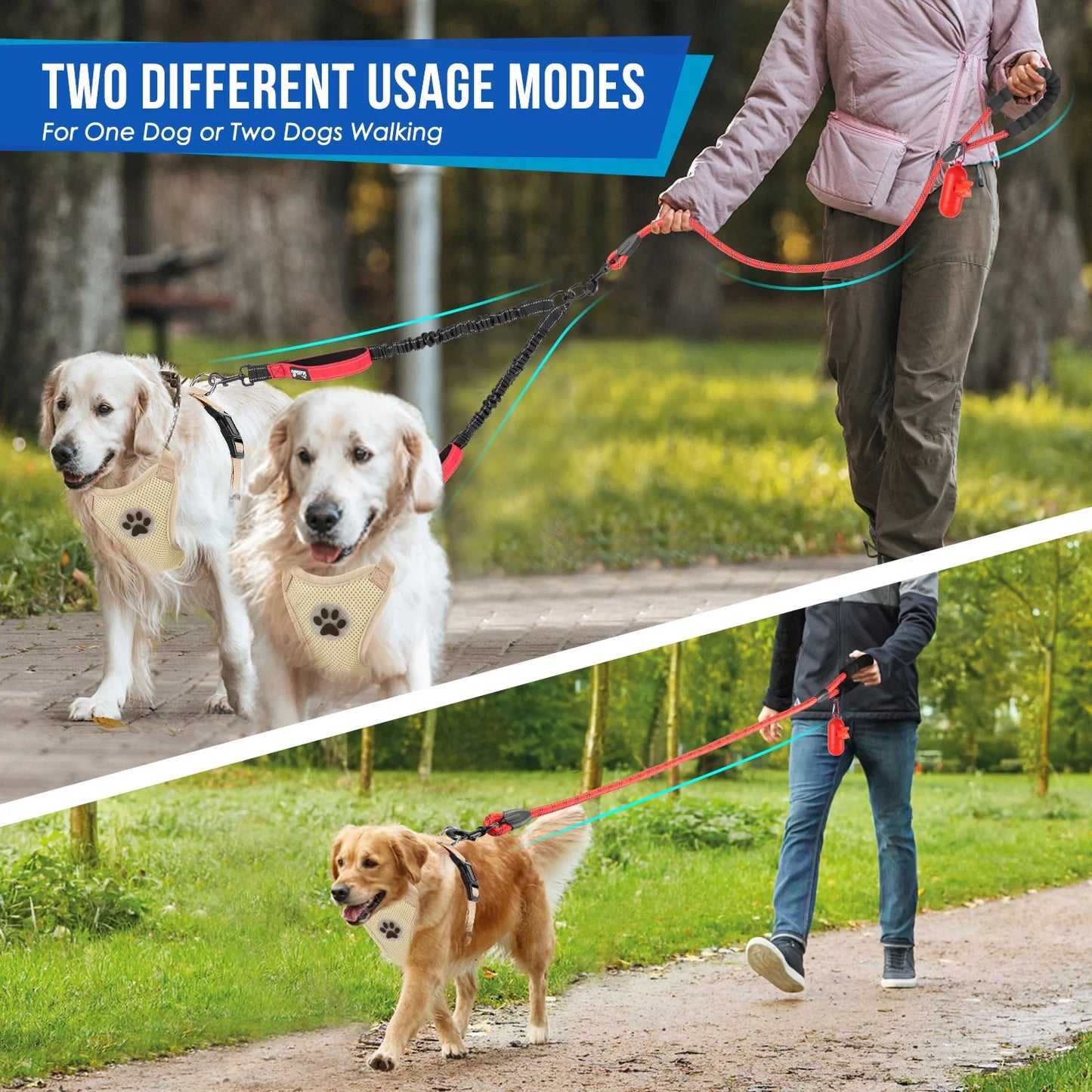 Double Dog Leash No Tangle - 360° Swivel Reflective Splitter Lead for 2 Large Dogs (25-150Lbs)