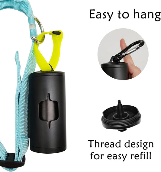 Aluminum Dog Poop Bags Holder with Carabiner Metal Pet Waste Bags Dispenser with Hook and Loop Fastener and Elastic Cord to Carry Used Bags (Black)