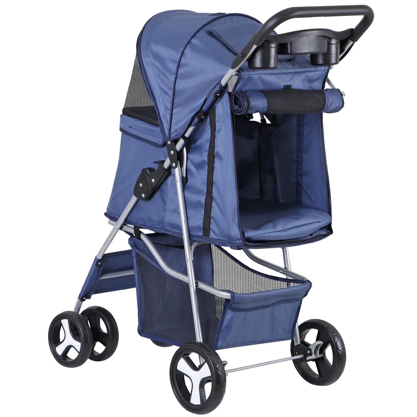 4 Wheels Small Pet Dog Stroller Foldable Strolling Cart Max.33Lbs W/Storage Basket & Cup Holder,Navy