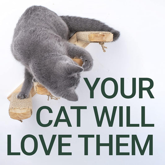 Cat Steps - Solid Rubber Wood Cat Wall Stairs Great for Scratching and Climbing - Easy to Install Wall Mounted Shelves for Playful Cats (Wood, Left-Right)