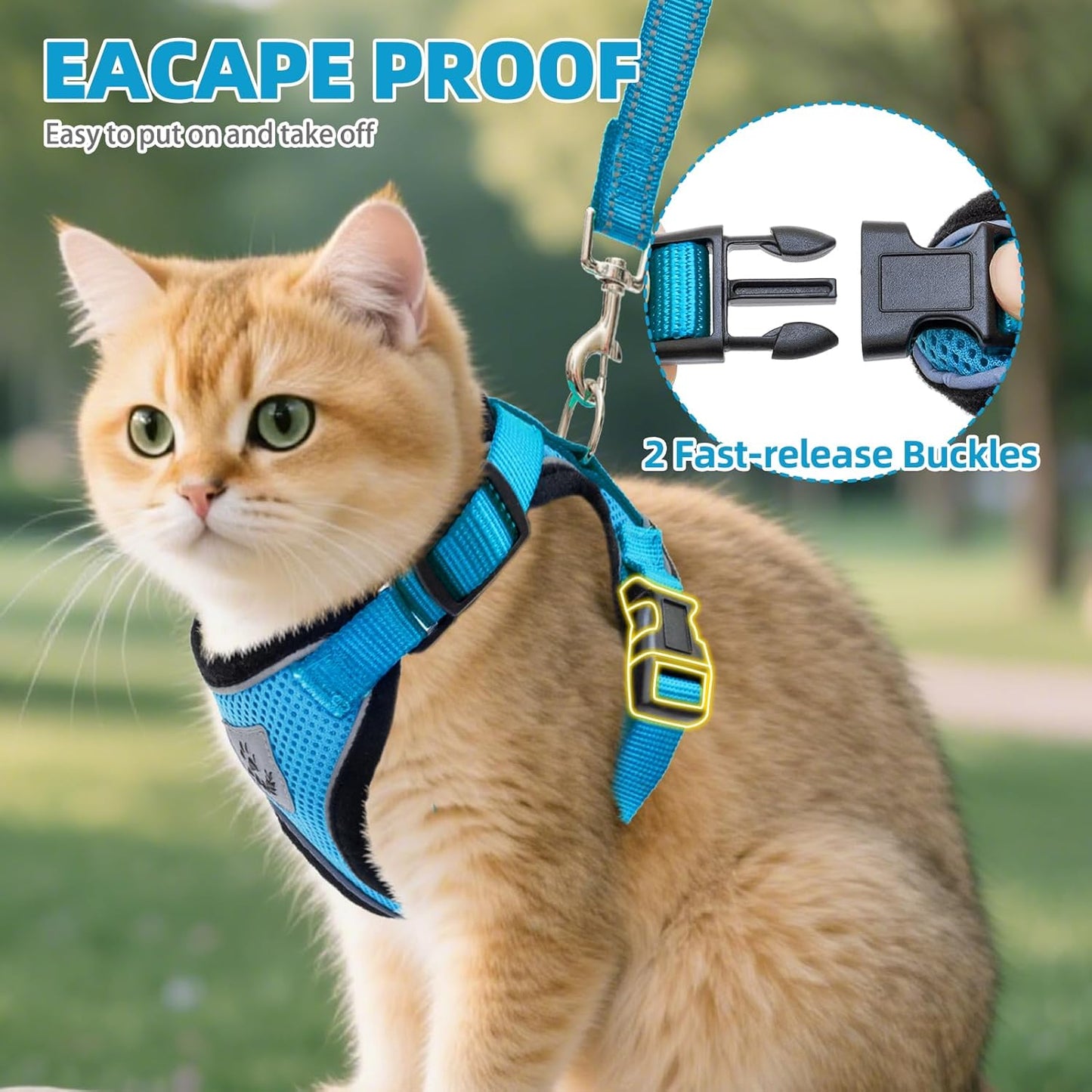 Cat Harness and Leash Set Escape Proof Reflective Cat Walking Harness Adjustable Soft Breathable Mesh Vest for Small Pets, Blue, M