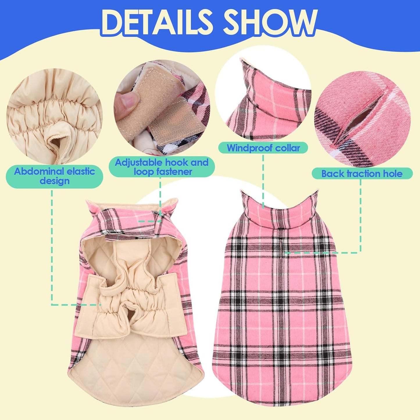 Dog Jackets for Winter, Reversible, Windproof, Waterproof, Warm Dog Coat - British Style Plaid Dogs Winter Vest, Pink, 3XL