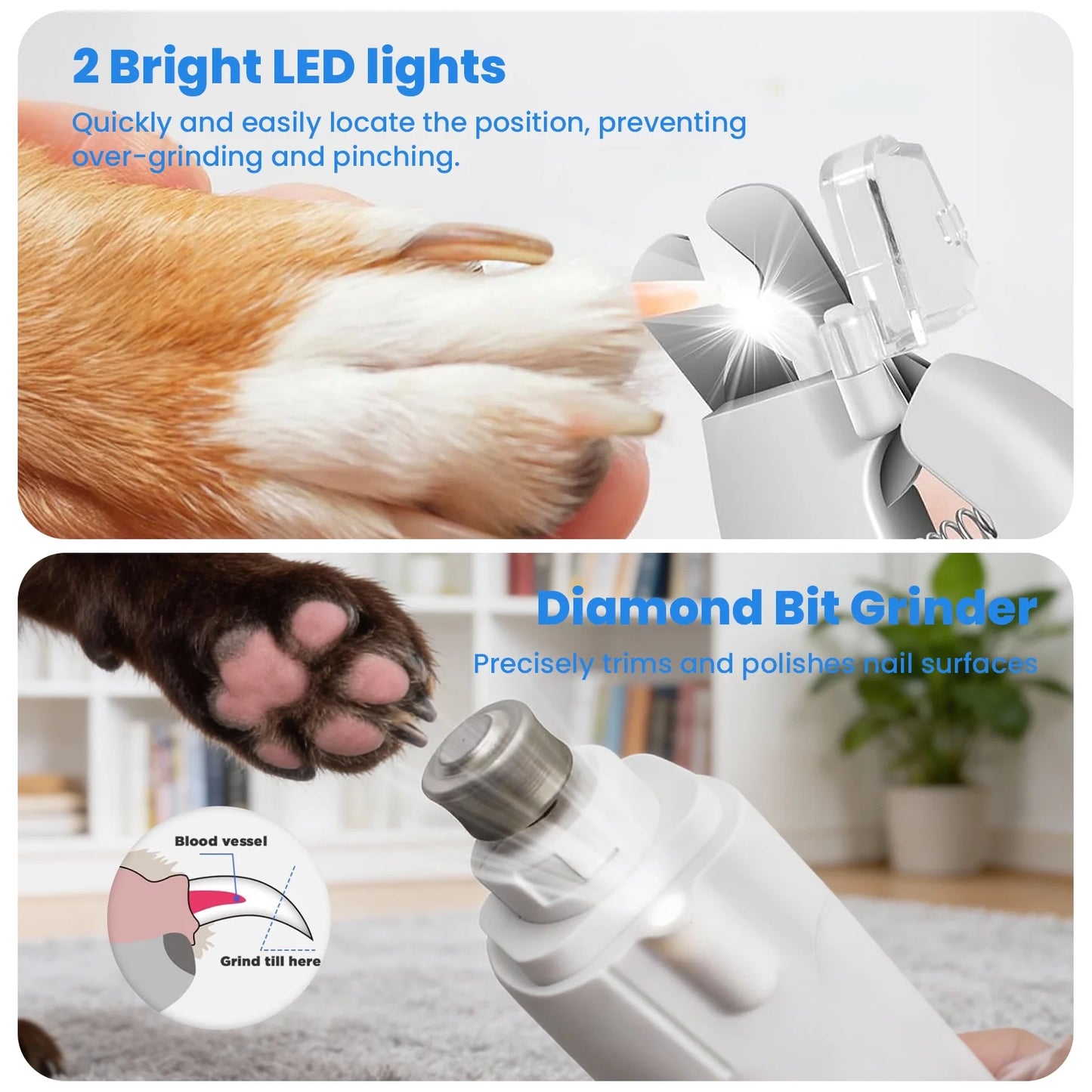 2-In-1 Dog Cat Nail Clippers and Grinder with 2 LED Lights ,Splash Guard,Usb Rechargeable for Small Medium Large Dogs Cats