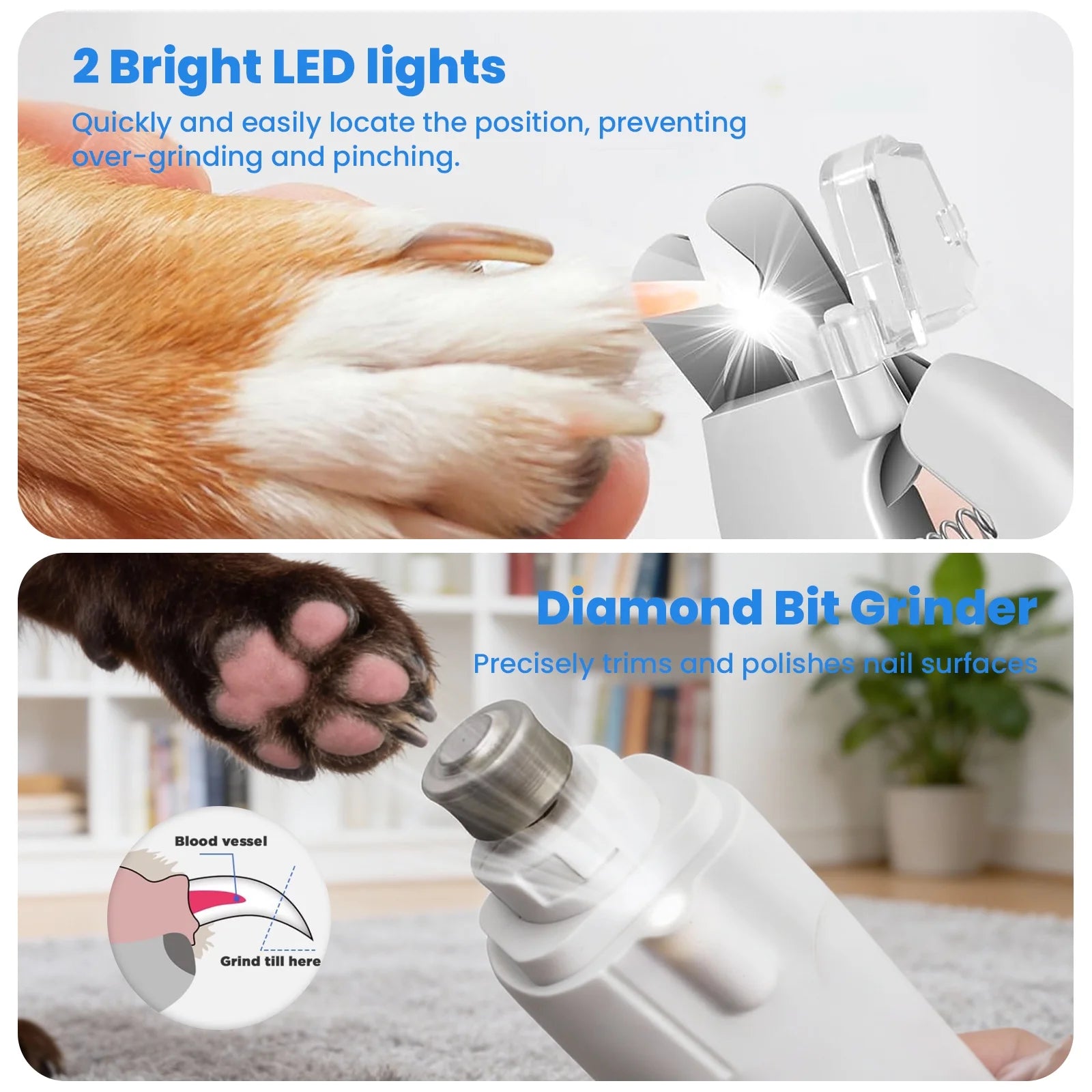 2-In-1 Dog Cat Nail Clippers and Grinder with 2 LED Lights ,Splash Guard,Usb Rechargeable for Small Medium Large Dogs Cats