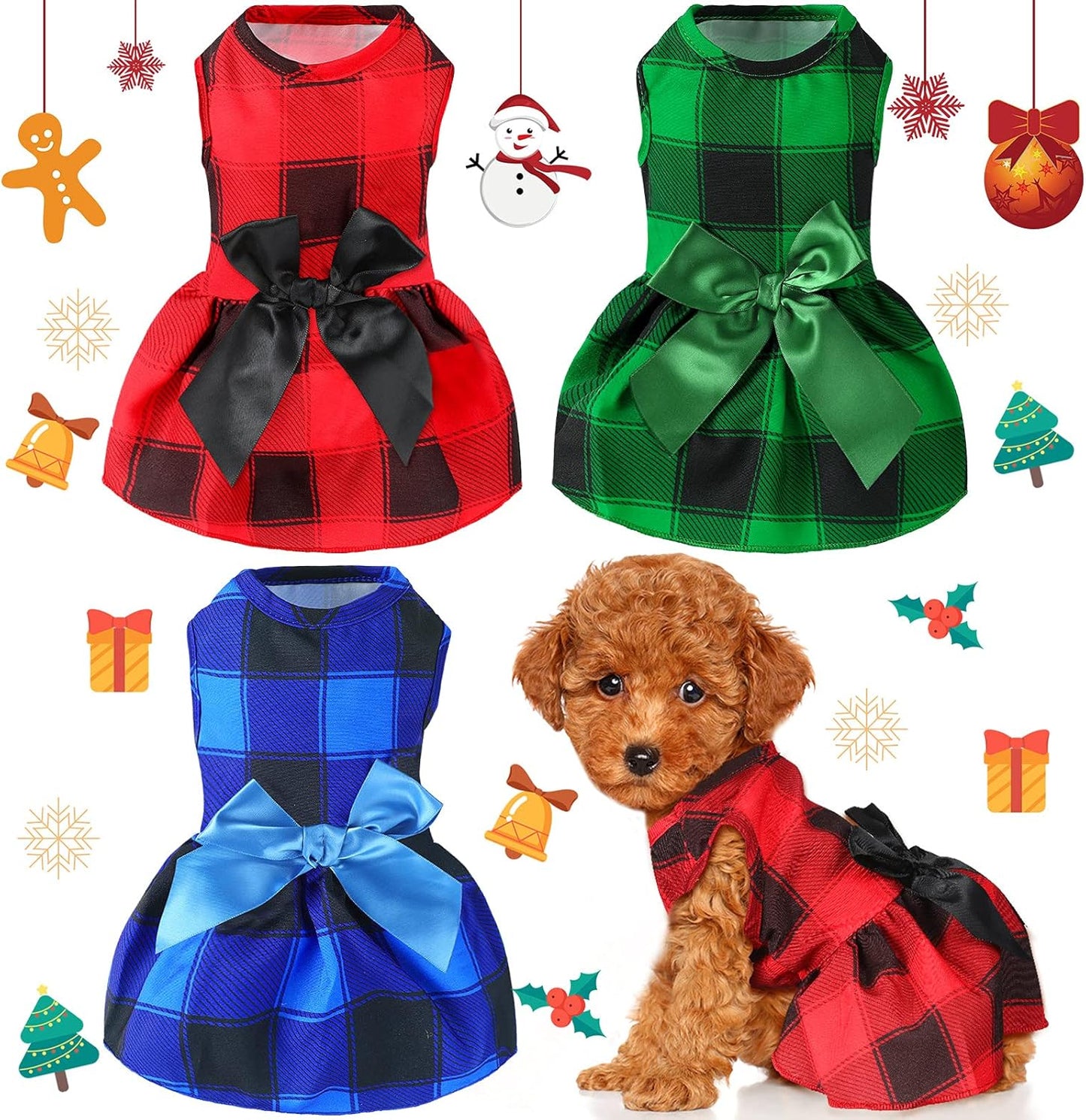 3 Pieces Christmas Plaid Dog Dresses with Bowknot Buffalo Plaid Puppy Dress Pet Dogs Girls Princess Outfit Check Dog Skirt Holiday Costume Apparel Clothes for Small Dogs(S (3-5Lbs))
