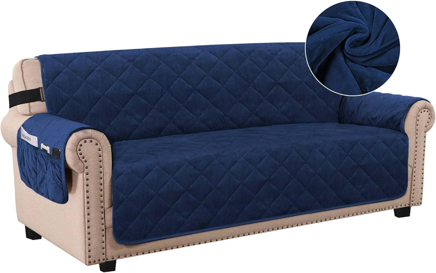 Thick Velvet Sofa Cover Soft Couch Cover for 3 Cushion Cover Washable Furniture Protector for Dogs Non-Slip Sofa Slipcover with Elastic Strap Fit Sitting Width up to 70"(Sofa, Navy)