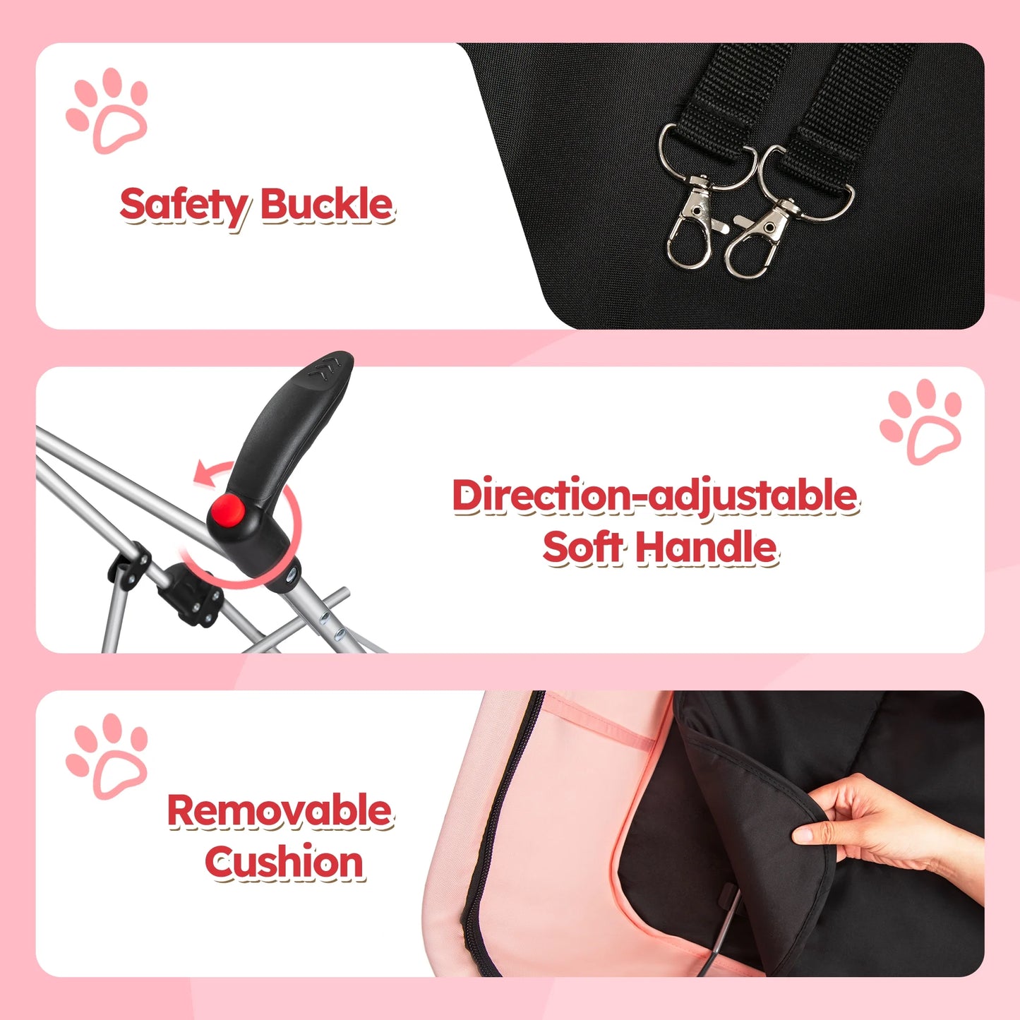 4 Wheels Foldable Pet Stroller 3 in 1 with Waterproof Detachable Pets Travel Carrier for Small/Medium Dogs Cats up to 60Lbs, Pink