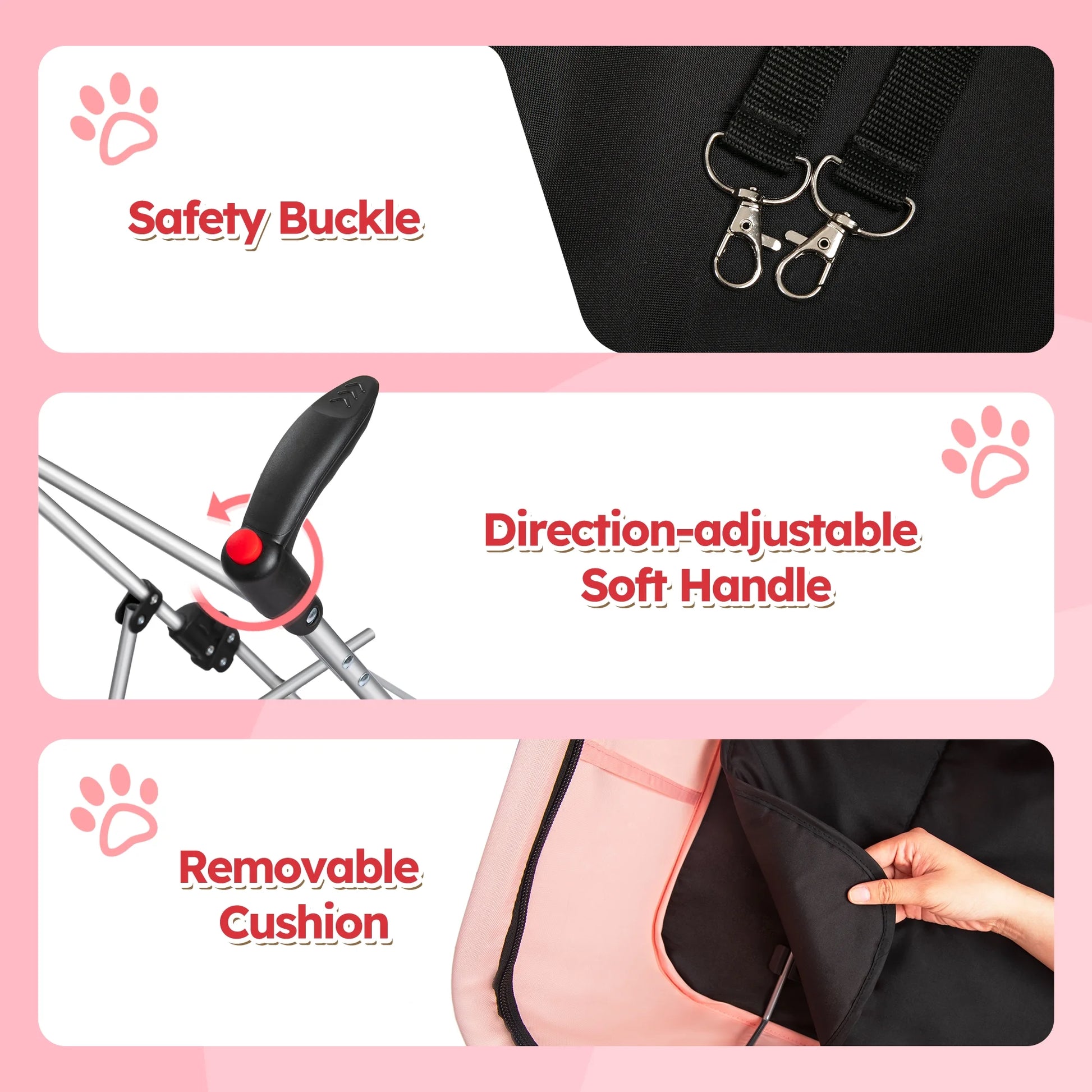 4 Wheels Foldable Pet Stroller 3 in 1 with Waterproof Detachable Pets Travel Carrier for Small/Medium Dogs Cats up to 60Lbs, Pink