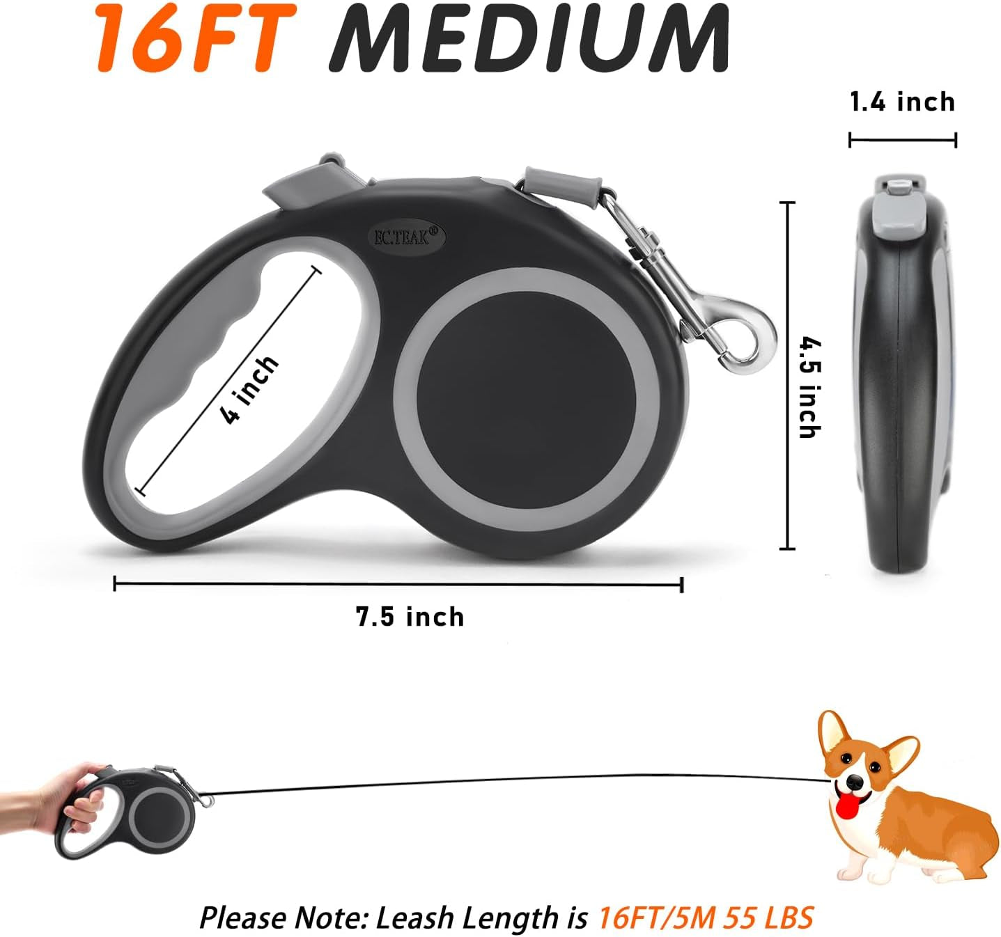 Retractable Dog Leash 16 FT Durable Comfortable Leash for Small Medium Dogs/Cats up to 55 Lbs, One-Handed Brake, Stainless Steel Spring, Strong Nylon Tape No Tangle