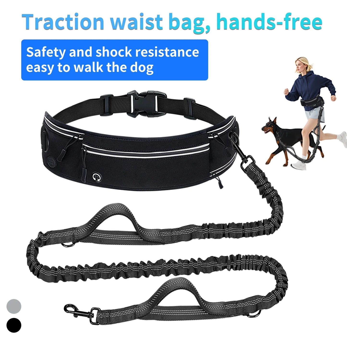 Hands Free Dog Leash for Dogs & Multi-Function Pockets,Adjustable Waist Belt Leash for Dog Walking-Leashes for Medium & Large Breeds-Pouch,Outdoor Training Leash, Retractable Bungee,Padded Handles