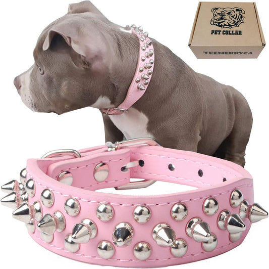 Adjustable Leather Spiked Studded Dog Collars with a Squeak Ball Gift for Small Medium Large Pets like Cats/Pit Bull/Bulldog/Pugs/Husky, Pink, XL 17.7-20.5 Inches