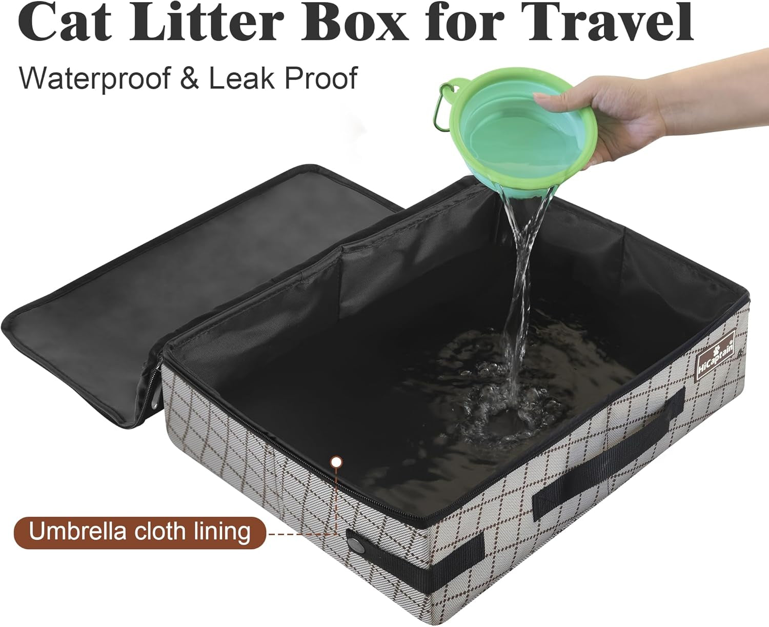 Portable Travel Litter Box with Lid, Foldable Cat Travel Litter Box - Leakproof, Odor-Free & Waterproof. Ideal for Road Trip, Cars, Hotels and Airplane- Khaki