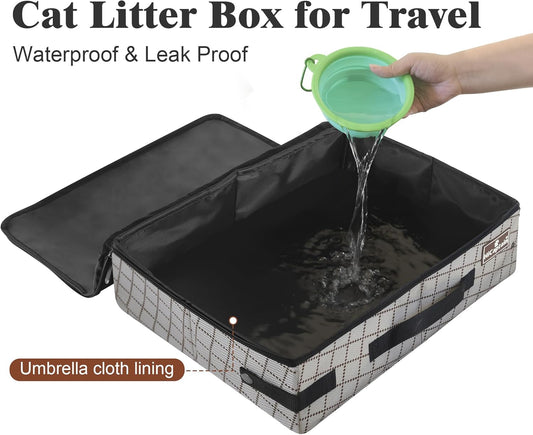 Portable Travel Litter Box with Lid, Foldable Cat Travel Litter Box - Leakproof, Odor-Free & Waterproof. Ideal for Road Trip, Cars, Hotels and Airplane- Khaki
