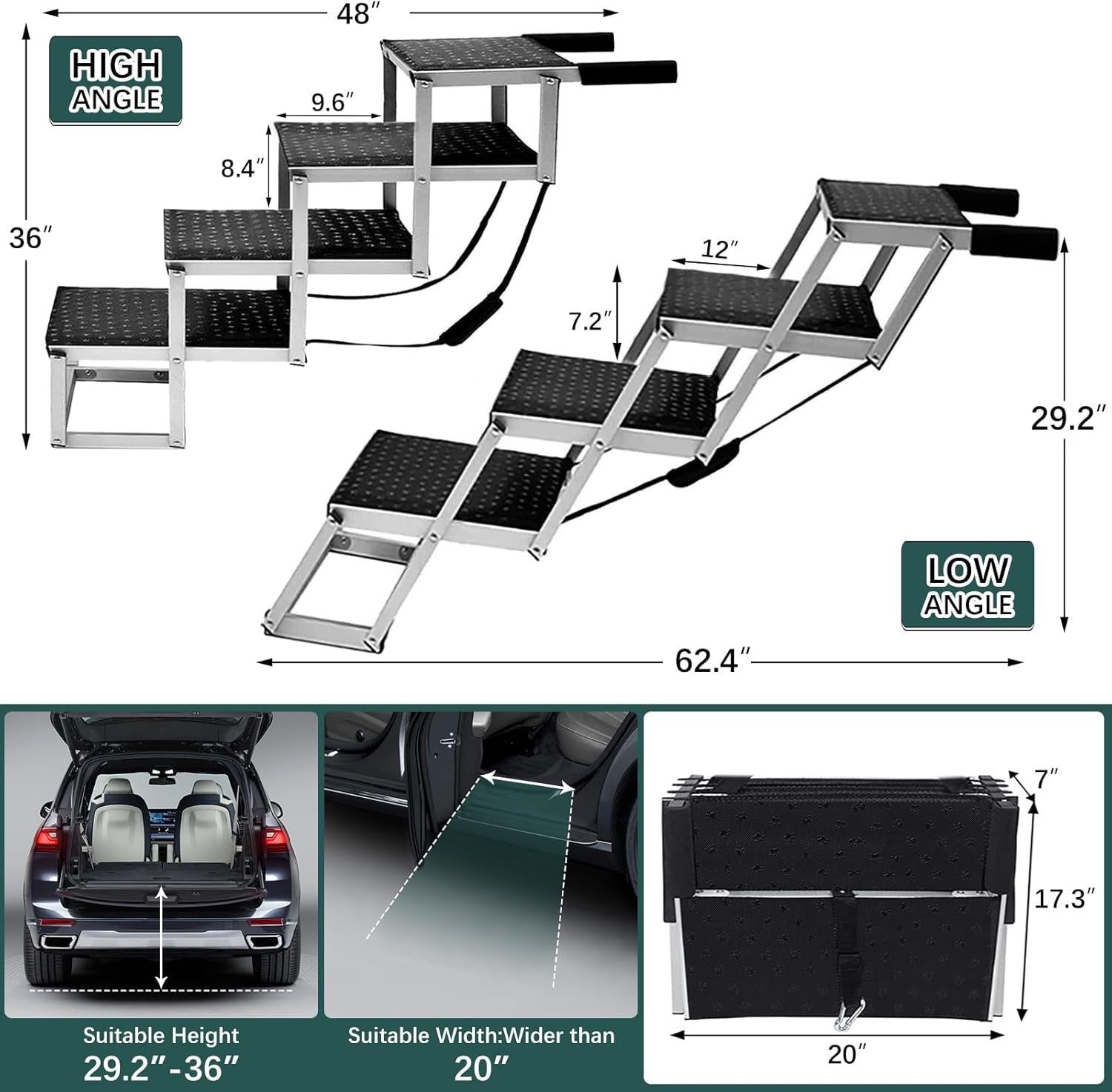 Dog Ramp for Car, Extra Wide Dog Stair for Large Dogs Car, Pet Steps Light Weight Aluminum Foldable Dog Steps for Cars and Suv,High Beds, Trucks, Supports up to 200 Lbs (Extra Wide-4 Steps)
