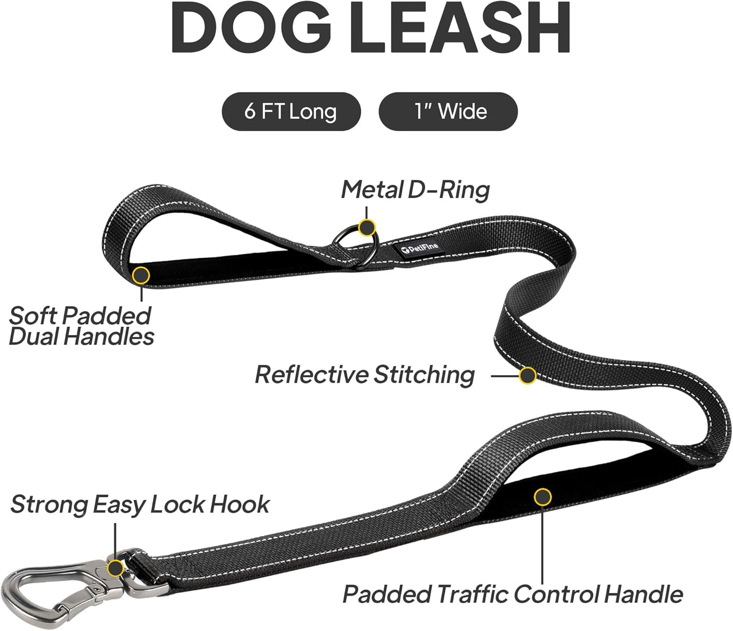6FT Heavy Duty Dog Leash with Soft Padded Double Handle, Durable Strong Clasp Dog Leashes, Reflective Nylon Walking Lead for Large,Medium,Small Breed Dogs, Black