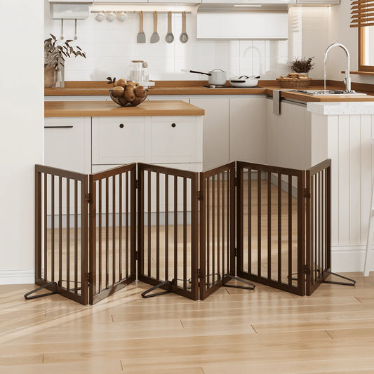 Bamboo Dog Gate Freestanding 6 Panel Pet Gate for Doorways, 4 Support Feet, Espresso