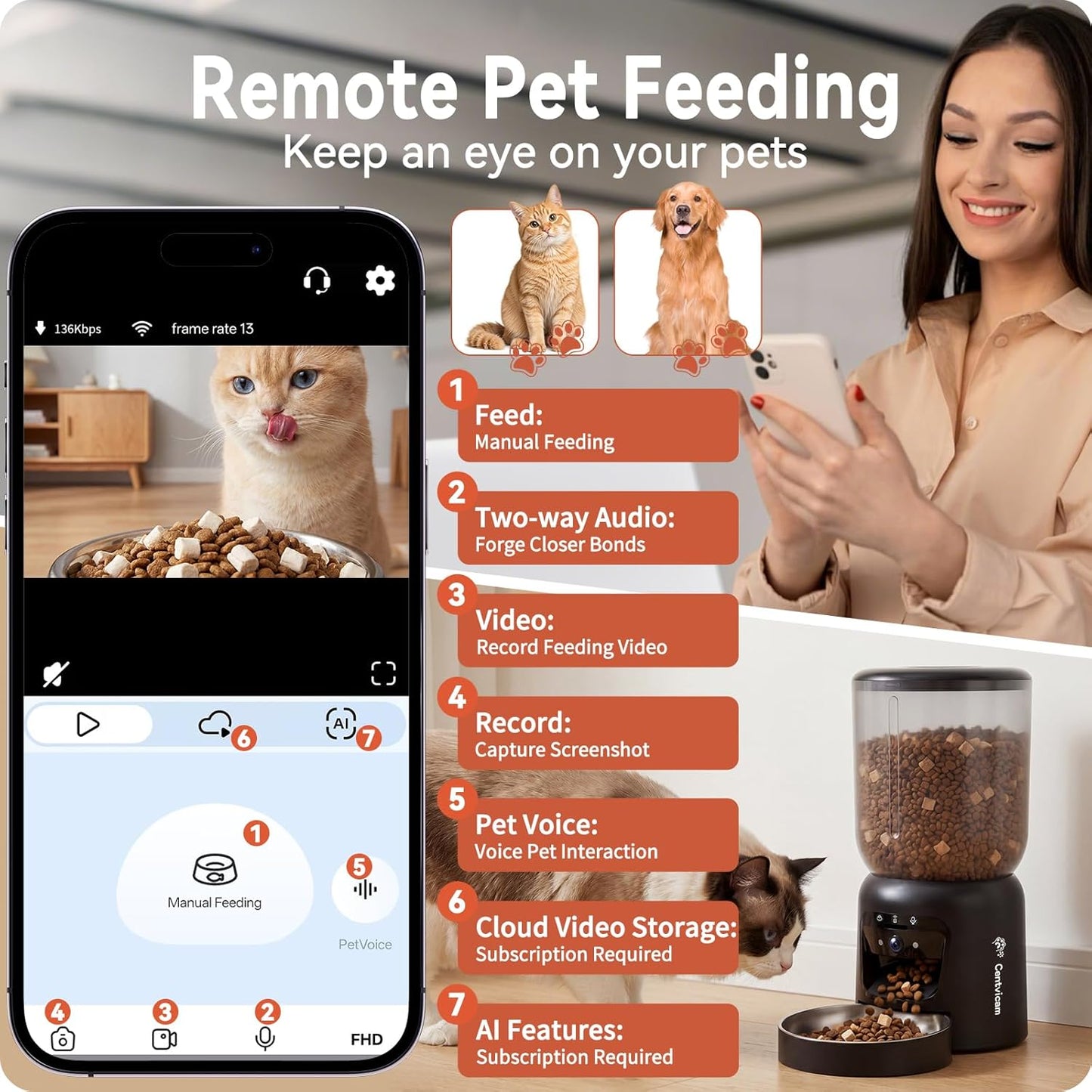 Automatic Cat Feeder with 2K HD Camera: 5G Wifi Automatic Dog Feeder with Night Vision, Auto Cat Food Dispenser with 6L Large Food Storage for Multiple Pet, Detachable for Easy Clean -24 Cup