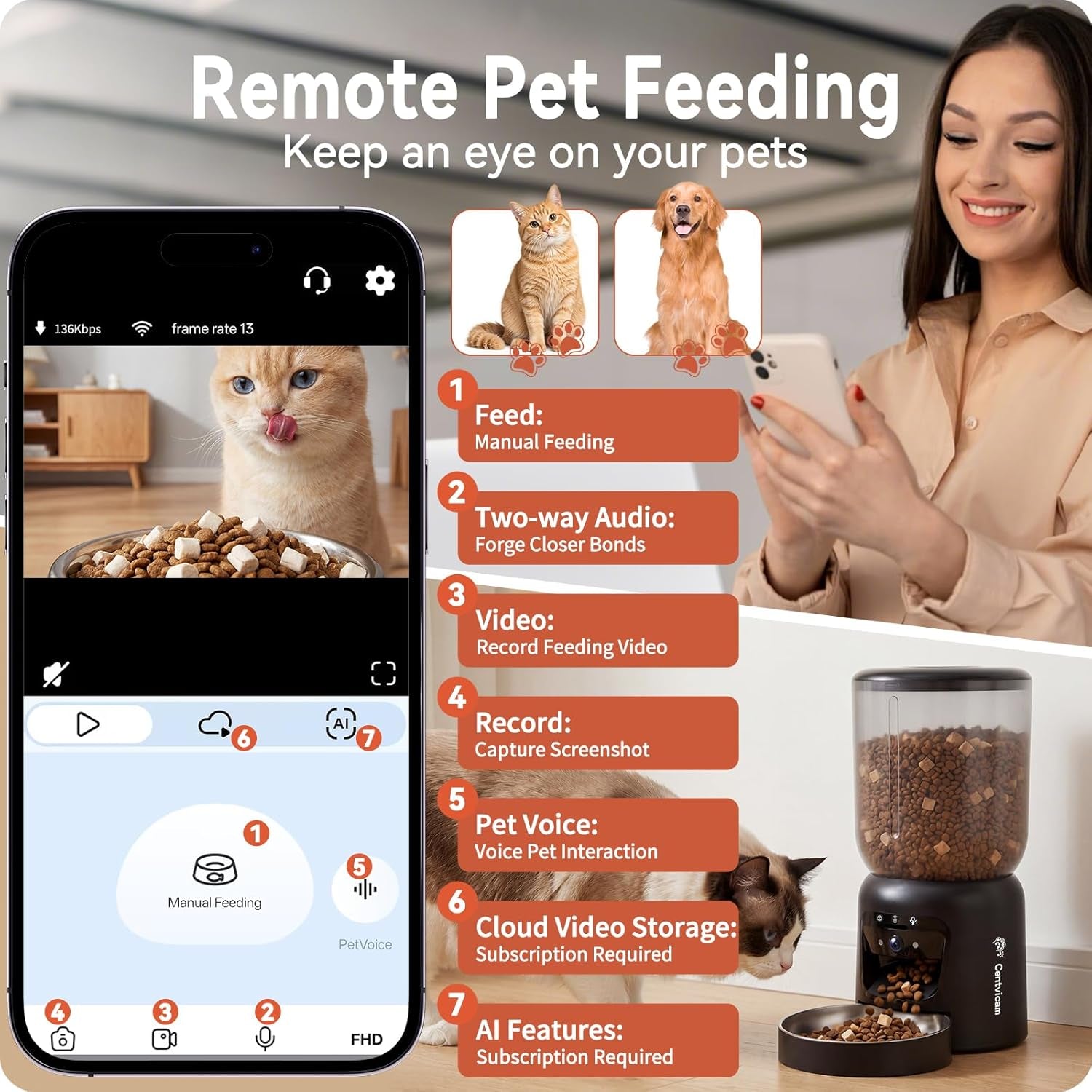 Automatic Cat Feeder with 2K HD Camera: 5G Wifi Automatic Dog Feeder with Night Vision, Auto Cat Food Dispenser with 6L Large Food Storage for Multiple Pet, Detachable for Easy Clean -24 Cup