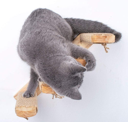 Cat Steps - Grey Solid Rubber Wood Cat Stairs Great for Scratching and Climbing - Easy to Install Wall Mounted Shelves for Playful Cats (Left to Right)