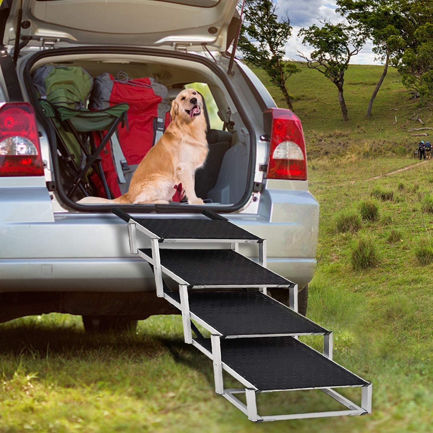 Dog Ramp for Car, Extra Wide Dog Stair for Large Dogs Car, Pet Steps Light Weight Aluminum Foldable Dog Steps for Cars and Suv,High Beds, Trucks, Supports up to 200 Lbs (Extra Wide-4 Steps)