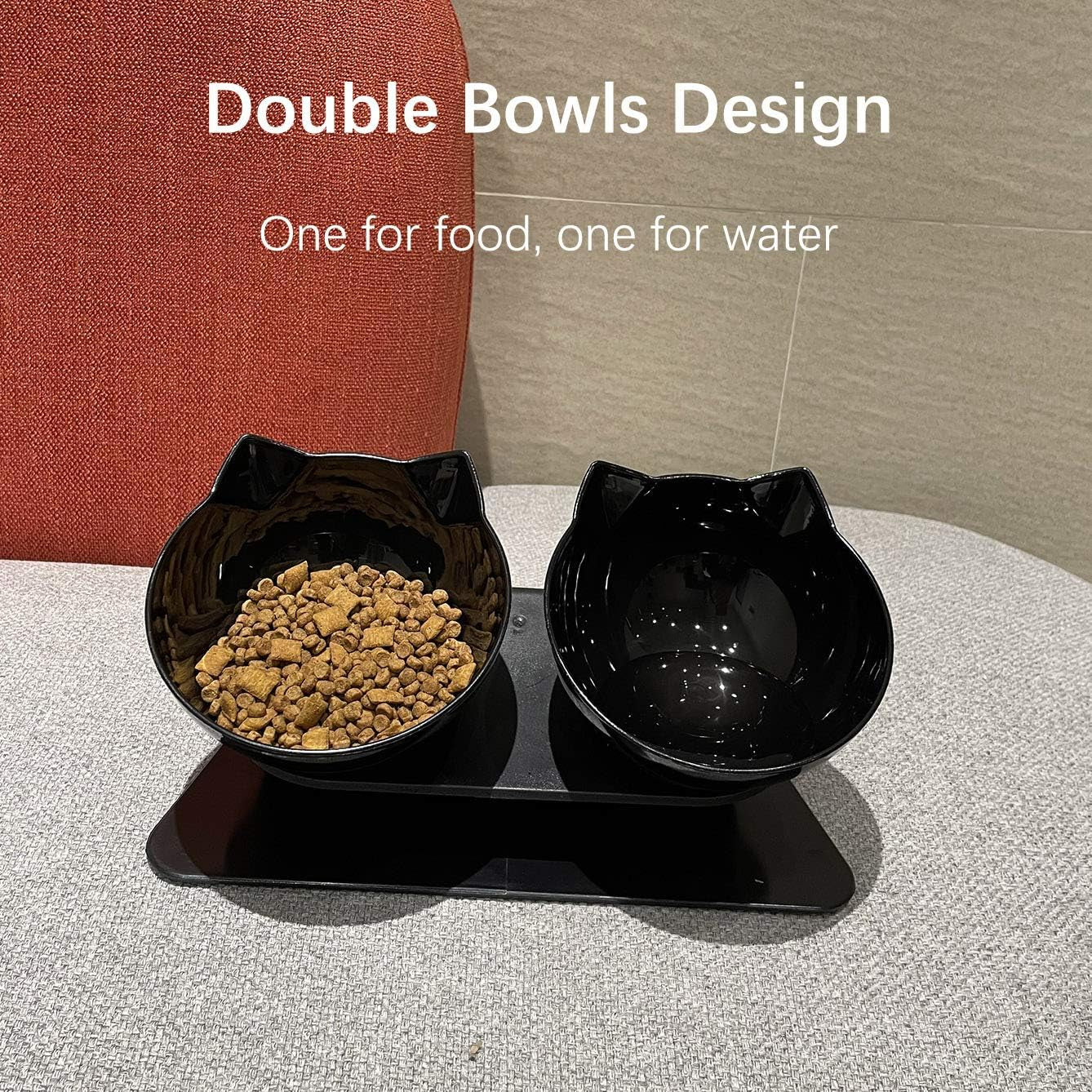 Double Elevated Cat Bowls with Raised Stand, 15 Tilted Cat Bowl Design Neck Guard Stand Raised Pet Food Water Feeder Bowl for Cats or Small Dogs