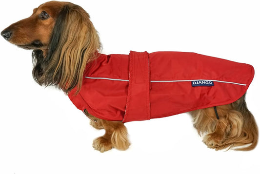 Dog Jacket & Raincoat – Lightweight Water-Resistant Coat for Small, Medium & Long Dogs like Dachshunds – Reflective, Adjustable Fit, Harness-Compatible & Easy-Access Harness Hole - Red, Small