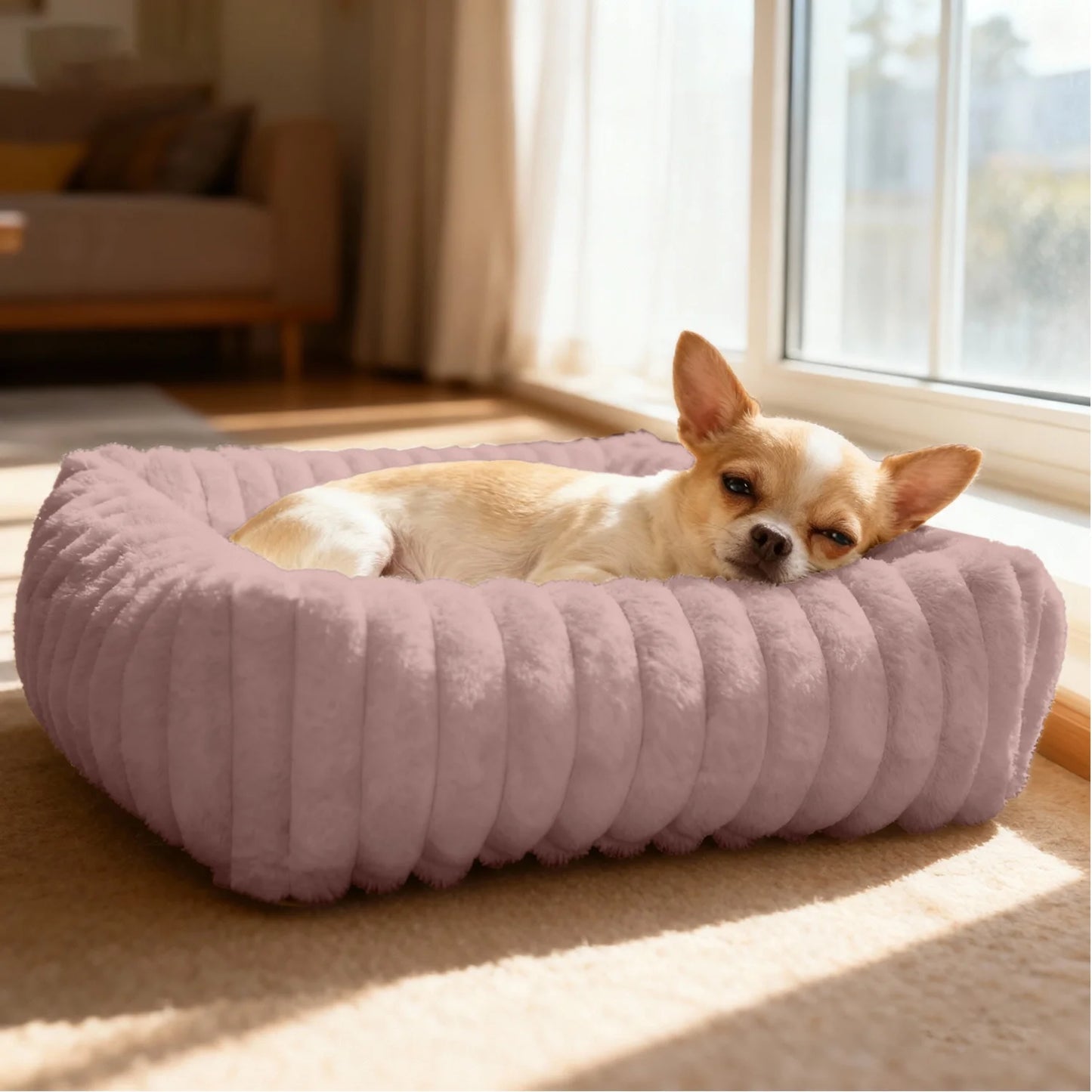 Cat Bed for Indoor Cats Furry Corduroy Fleece Orthopedic Pet Bed Sofa Removable Washable Cover Non Skid Bottom, Pink