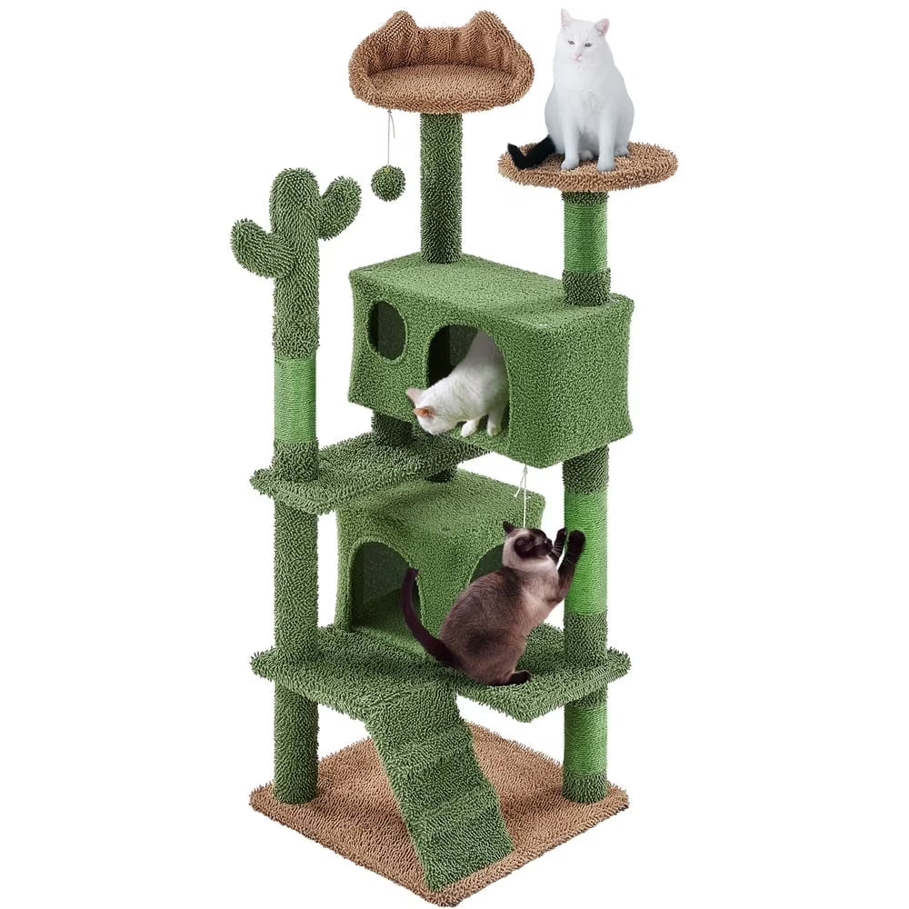 54.3'' H Cactus Cat Tree Tower with 2 Condos & Perches, Green/Brown