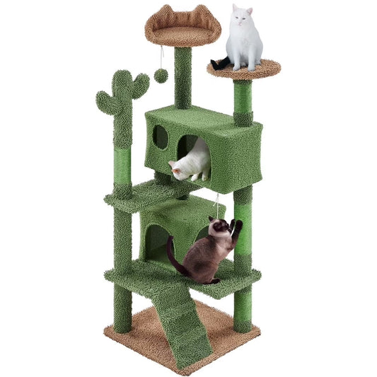 54.3'' H Cactus Cat Tree Tower with 2 Condos & Perches, Green/Brown