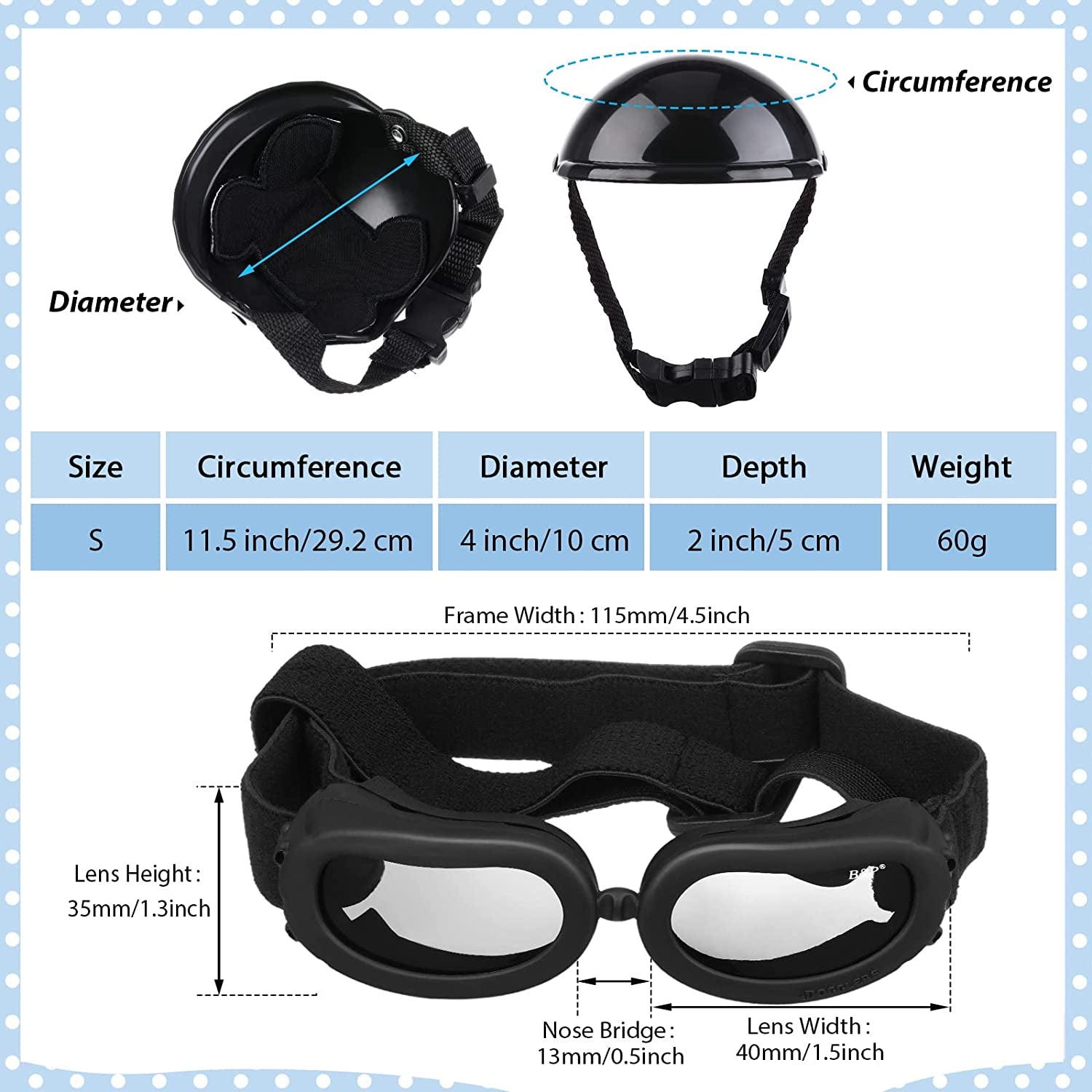 Dog Helmet and Goggles, UV Protection Doggy Sunglasses and 4 Inch Padded Puppy Motorcycle Helmet Adorable Dog Goggles with Adjustable Belt for Small Dogs Puppy Riding(Black,S)