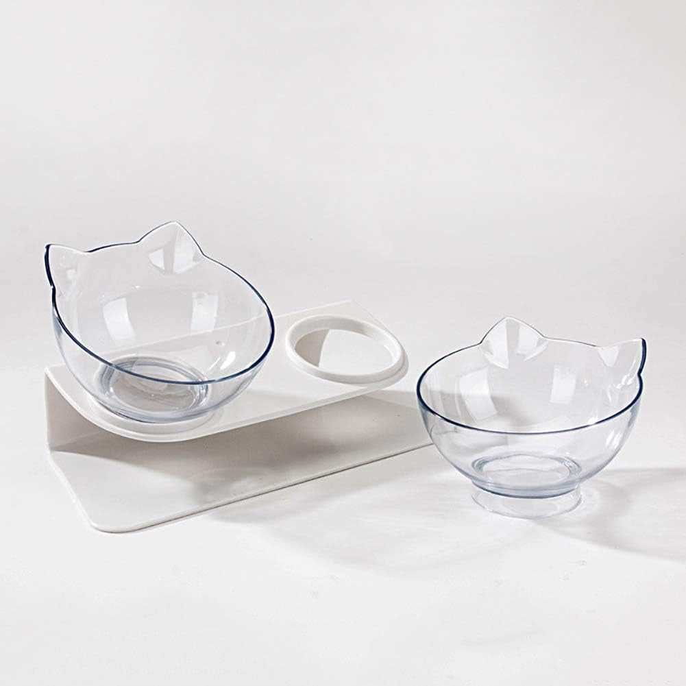 Double Elevated Cat Bowls with Raised Stand, 15 Tilted Cat Design Neck Guard Stand Pet Food Water Feeder Bowl for Cats or Small Dogs