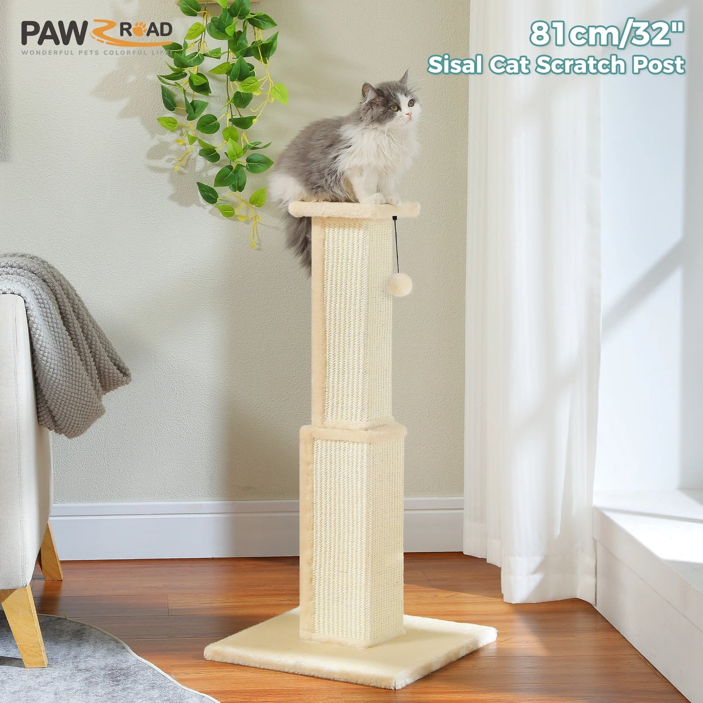 31" Natural Sisal Cat Scratching Post Indoor Cat Scratcher with Plush Large Base, Beige