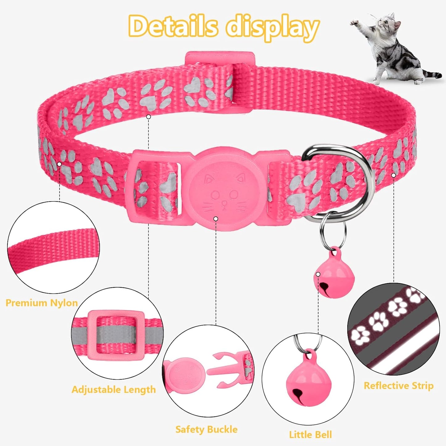Reflective Cat Collar Breakaway with Bells, 2 Pack Girl Boy Pet Cat Collar Adjustable 7.5-12.5 Inch, Pink