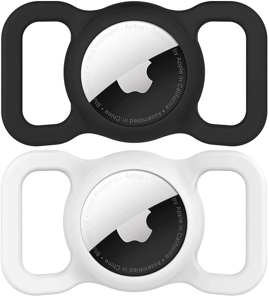 for Airtag Dog Collar Holder [2 Pack] Waterproof High-Strength Elastic Silicone Dog Cat Air Tag Holder, (Black&White)