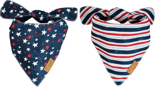 Dog Bandanas - 2 Pack | Stars+Stripes Set | Premium Durable Fabric | Unique Shape | Adjustable Fit | Multiple Sizes Offered | (Small)