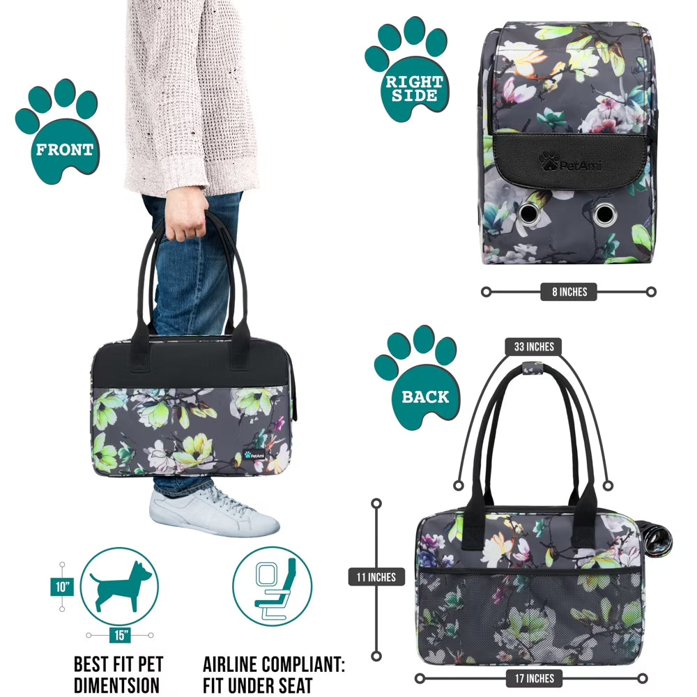Petami Dog Purse Carrier for Small Dogs, Airline Approved Soft Sided Pet Carrier W/ Pockets, Ventilated Dog Carrying Bag Puppy Cat, Dog Travel Supplies Accessories Carry Tote, Sherpa Bed, Floral Gray