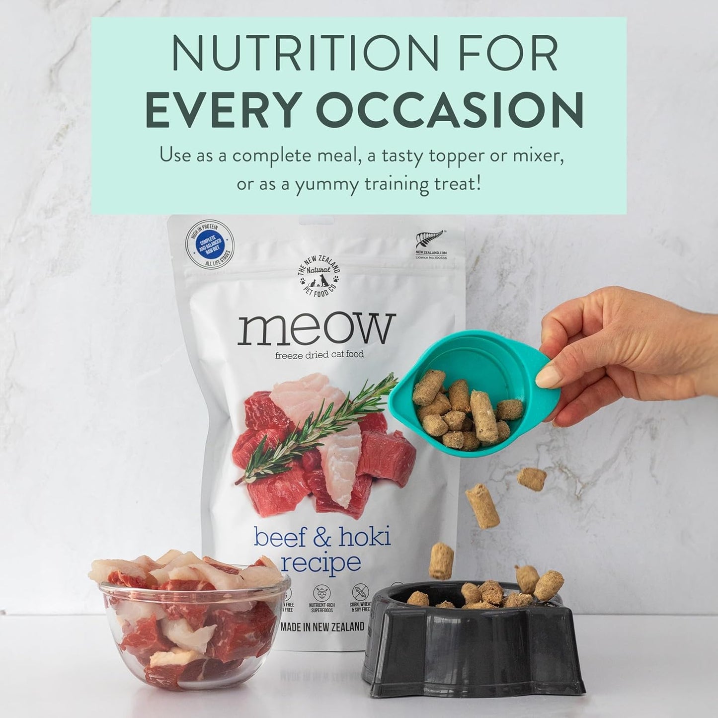 Meow Freeze Dried Cat Food - Beef & Hoki Recipe, High Protein Treats, Meals & Toppers, Dry Cat Food, 9.9 Oz