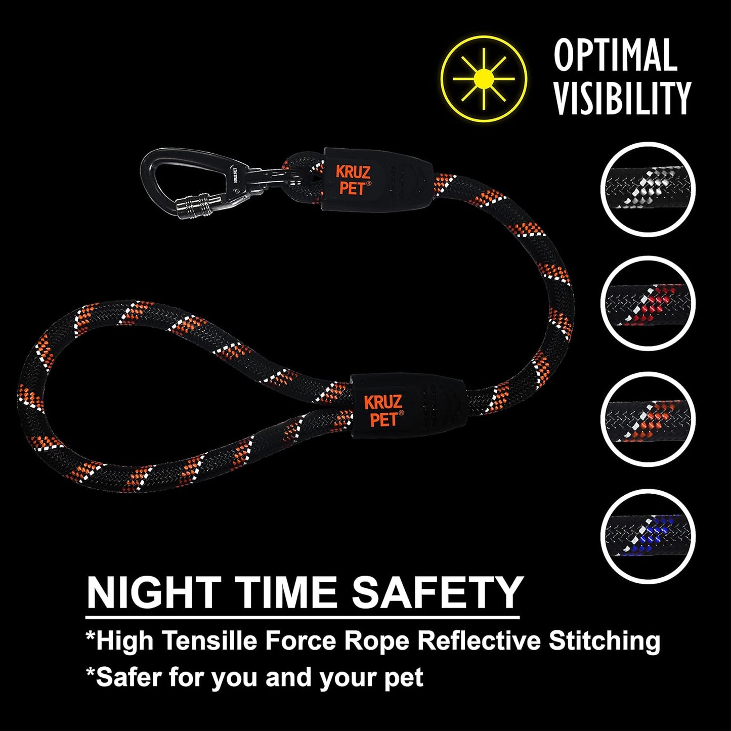 KRUZ Dog Leash (Width - 1/2”, Length - 20 IN) Reflective Rope Lead with Soft Silicone Grip, Click & Lock Snap Lightweight Leash for Dogs, Durable & Tangle-Free for Walking, Running & Training - Orange