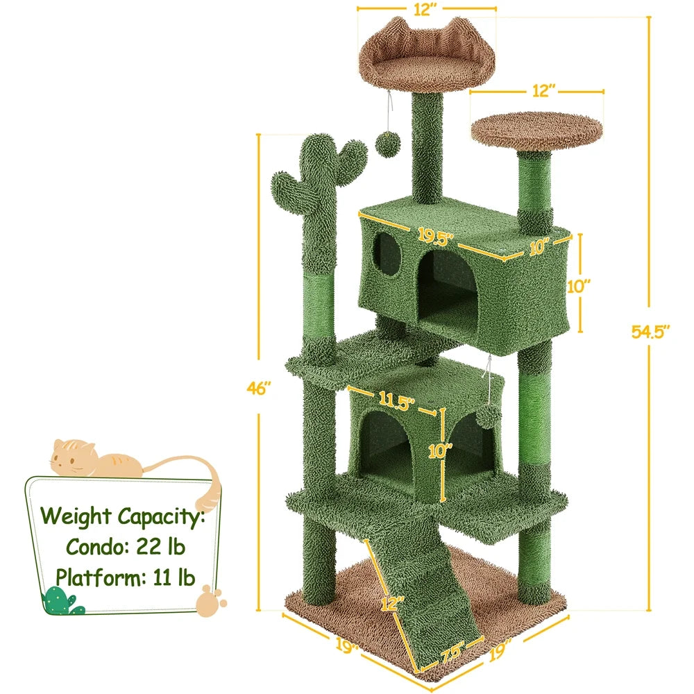 54.3'' H Cactus Cat Tree Tower with 2 Condos & Perches, Green/Brown