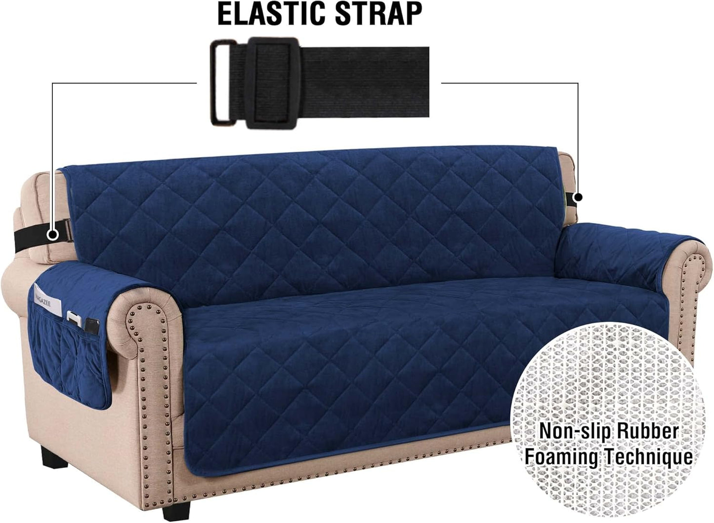Thick Velvet Sofa Cover Soft Couch Cover for 3 Cushion Cover Washable Furniture Protector for Dogs Non-Slip Sofa Slipcover with Elastic Strap Fit Sitting Width up to 70"(Sofa, Navy)