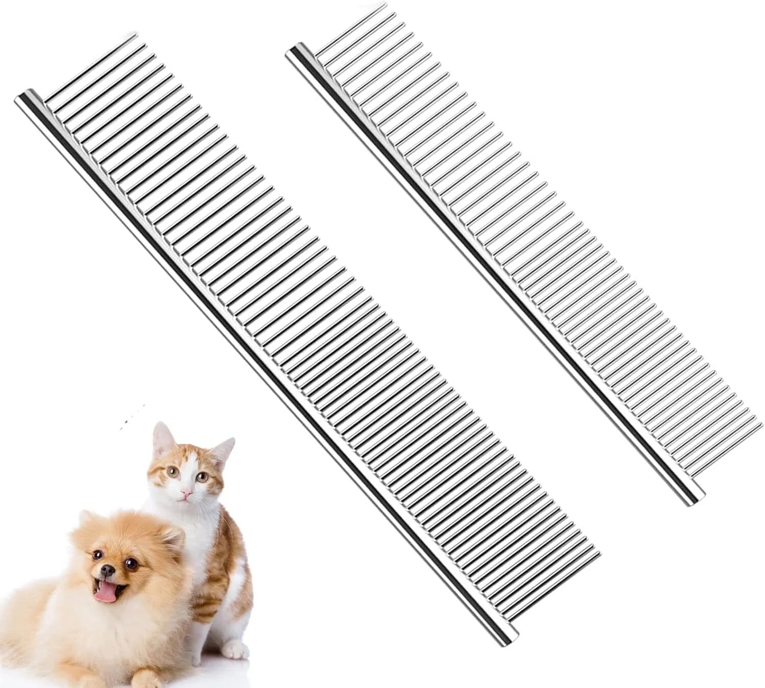 2 Pack Dog Combs with Rounded Ends Stainless Steel Teeth, Cat Comb for Removing Tangles and Knots, Professional Grooming Tool for Long and Short Haired Dog, Cat and Other Pets, 7.5IN/6.3IN