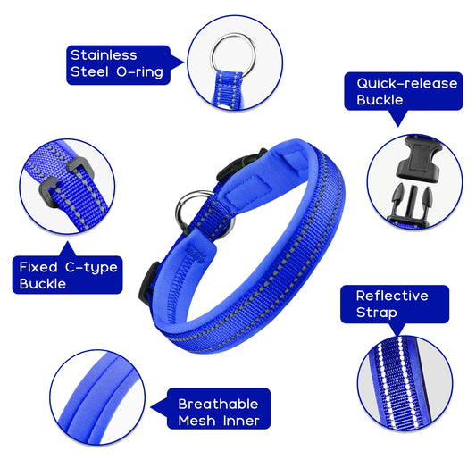 Dog Collar for Small Dog with Tag Reflective Soft Neoprene Padded Breathable and Adjustable Collar, Odour Resistant and Fast Drying-Blue-S
