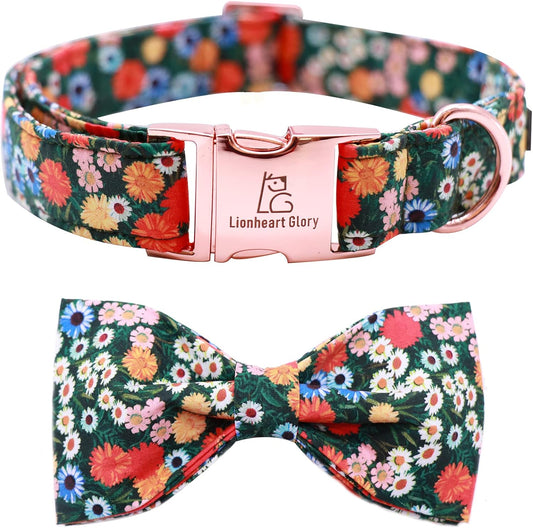 Floral Print Dog Collar Adjustable Soft Dog Collar with Bowtie, Girl Pet Collars for X-Small Small Medium Large Dogs