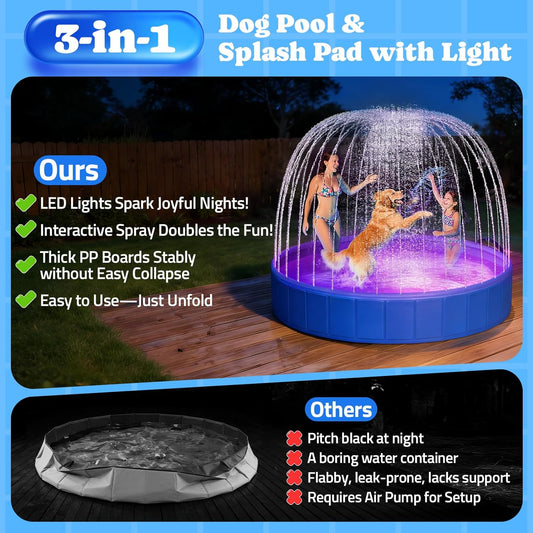 87" Foldable Dog Pool with Sprinkler & RGB LED Light, Collapsible Hard Plastic Swimming Pool for Small Large Dogs Cats and Kids, Portable Pet Bathing Tub Wading Pool for Backyard Camping Blue