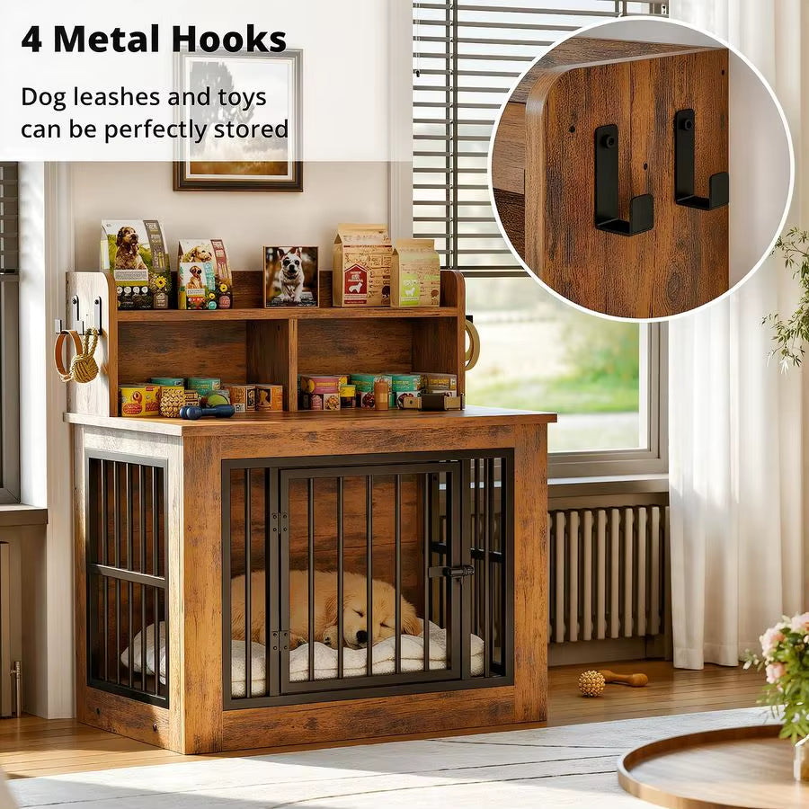 Dog Crate Furniture, 33.4 Inches Wooden Small Dog Crate with Storage and 4 Hooks, Heavy Duty Pet Crate for Small Dog, Decorative
