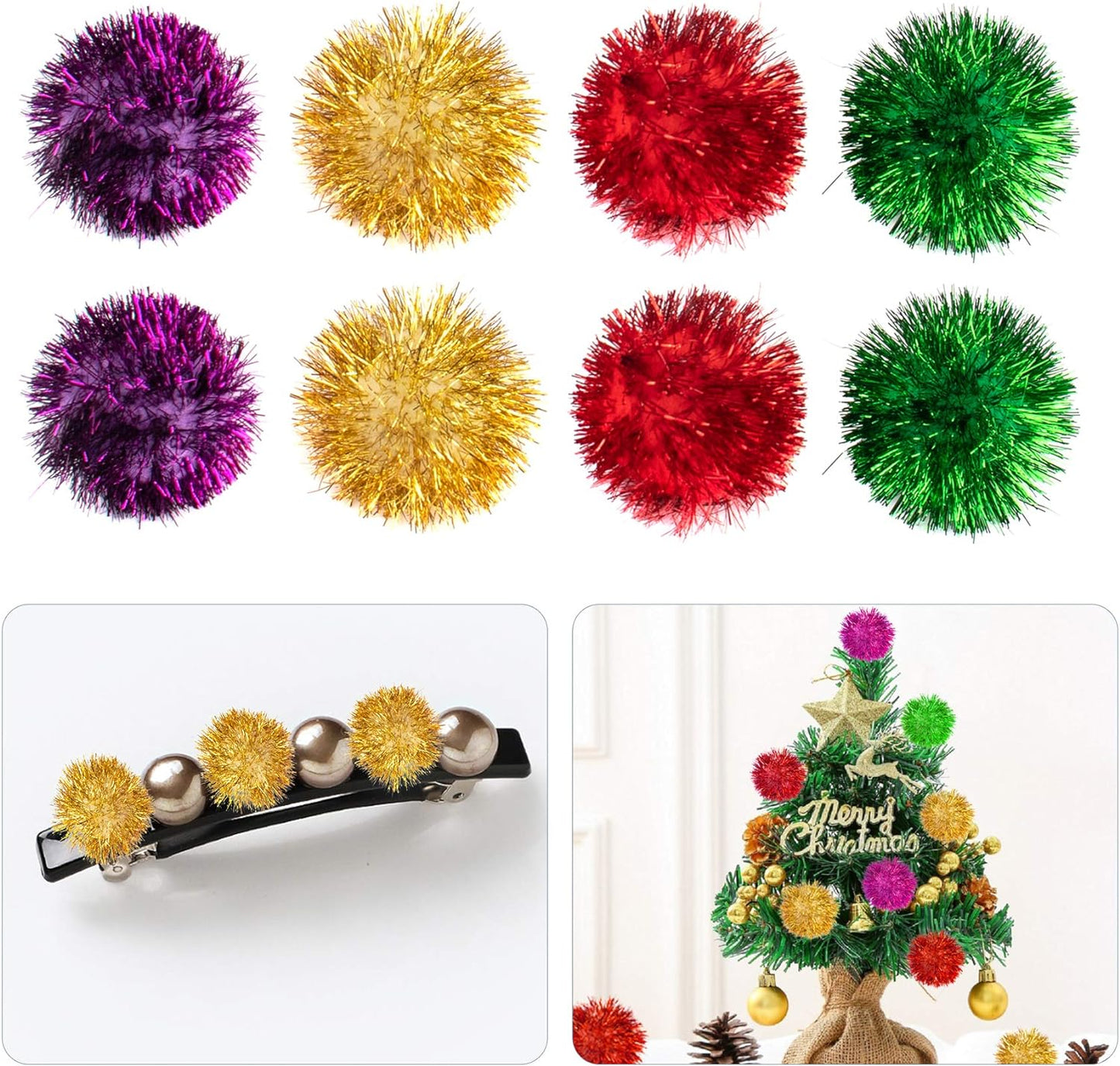 , 12 Pack 2 Inch Sparkle Ball Shiny Glitter Tinsel Pom Poms Interactive Cat Balls for Kittens (4 Colors, 12 Inch-12 Pack)