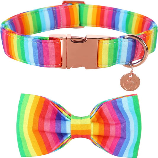 Rainbow Dog Collar with Pretty Bow Tie for LGBT Pride Month - Adjustable and Comfortable Collar for Large Medium Small Dog,Xs