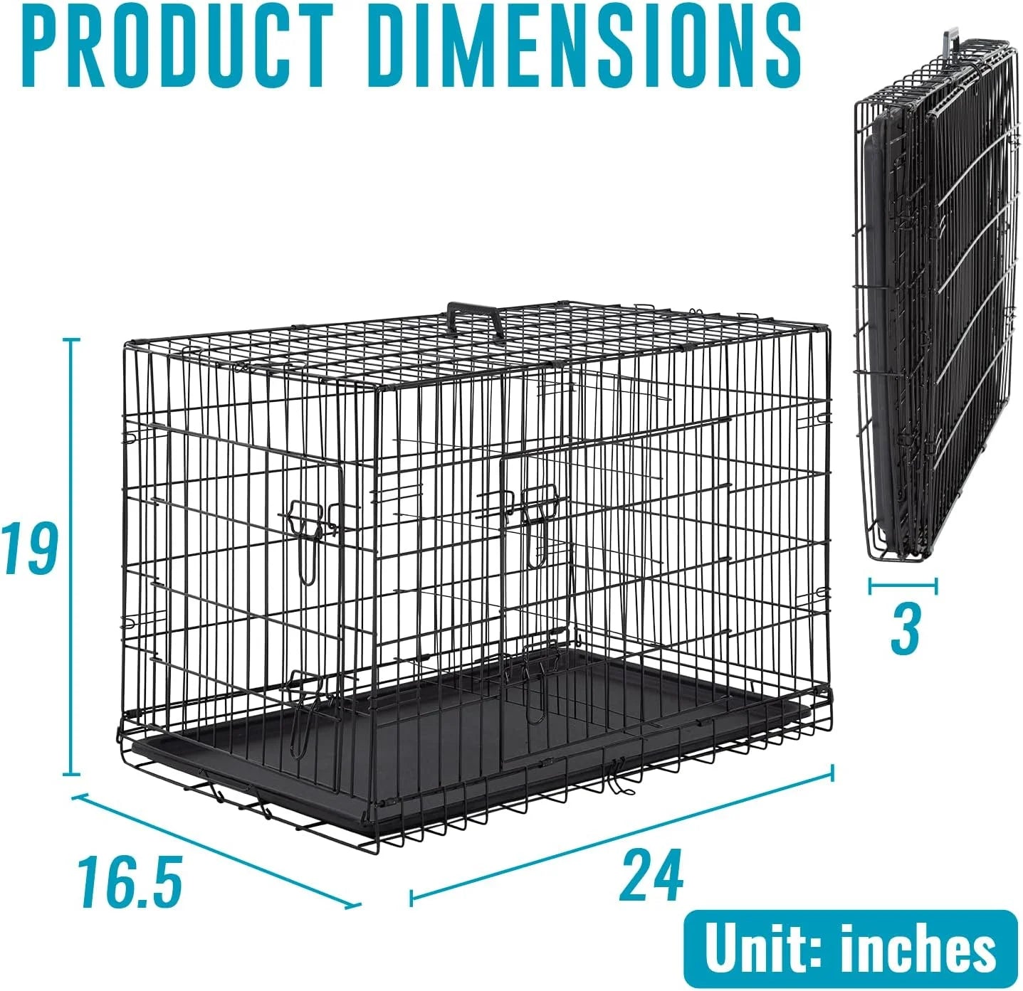 24 Inch Foldable Metal Dog Crate for Small Dogs, Double Door, Divider, Removable Tray(Black)
